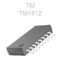 آی سی IC TM1812 دارای 16 پایه که دارای 12 خروجی ولتاژ منفی و قابلیت جریان دهی هر پایه تا 20 میلی آمپر مناسب درایو LED RGB تا 4 گروه RGB