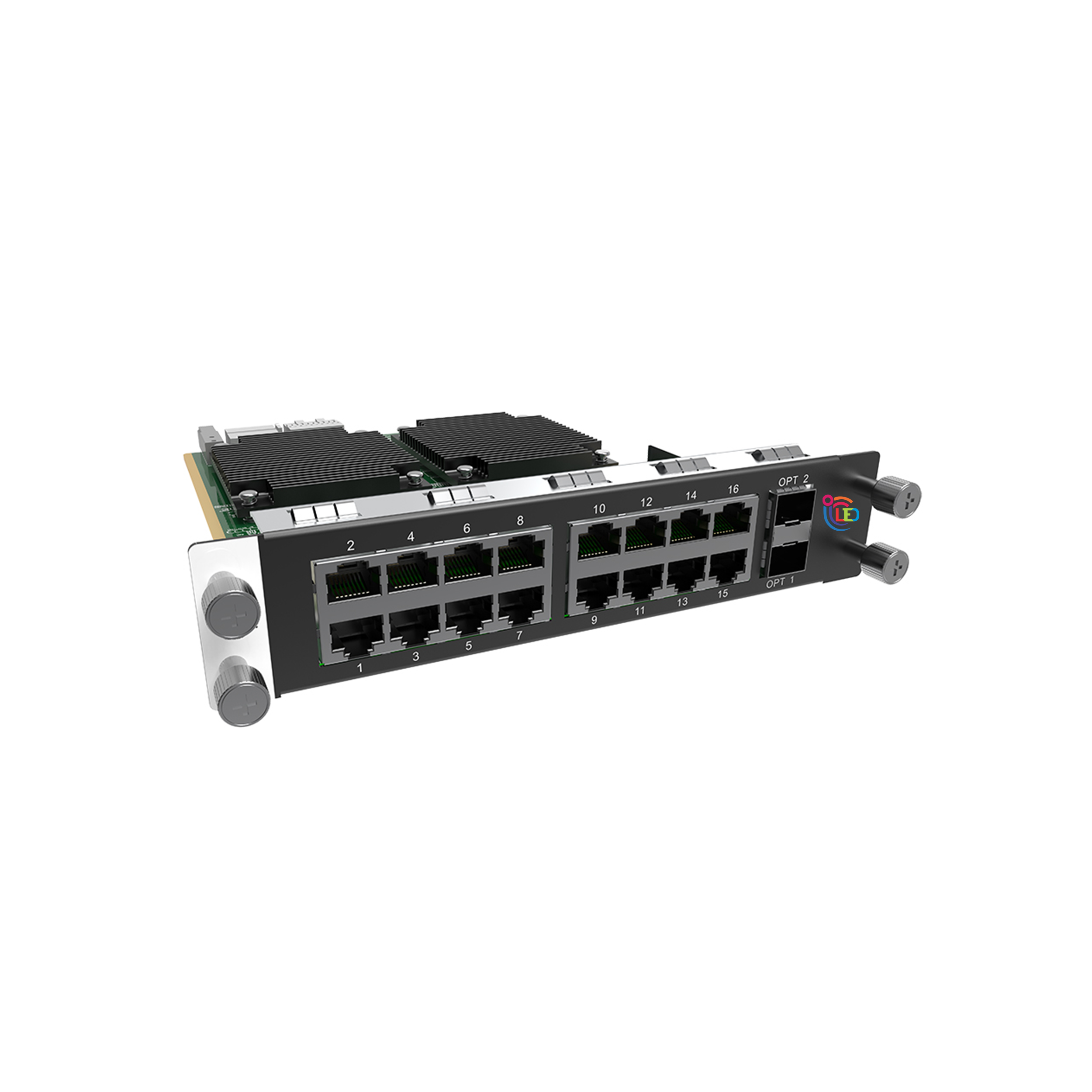 کارت خروجی 16 پورت RJ45 و 2 فیبر نوااستار نما از کنار کارت